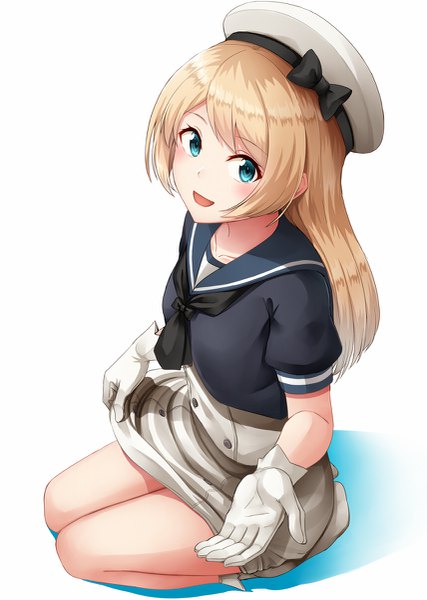 Anime picture 855x1200 with kantai collection jervis (kantai collection) kamelie single long hair tall image looking at viewer blush fringe open mouth blue eyes simple background blonde hair smile white background sitting full body :d short sleeves sailor collar