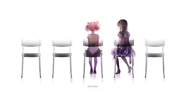 Anime picture 2352x1200 with mahou shoujo madoka magica shaft (studio) akemi homura kaname madoka eyokiki highres short hair black hair simple background wide image white background sitting twintails purple eyes multiple girls looking away pink hair pleated skirt from behind high heels