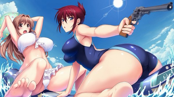Anime picture 1440x810 with rail wars! sakurai aoi koumi haruka long hair looking at viewer blush short hair breasts open mouth blue eyes light erotic blonde hair wide image large breasts bare shoulders multiple girls sky cloud (clouds) ass red hair