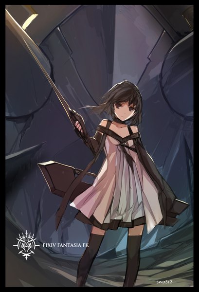 Anime picture 1500x2200 with original pixiv fantasia pixiv fantasia fallen kings paradise (character) swd3e2 single long hair tall image looking at viewer black hair bare shoulders brown eyes girl thighhighs weapon black thighhighs sword