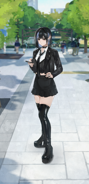 Anime picture 2580x5342 with original irene (kanniiepan) kanniiepan single tall image fringe highres short hair black hair standing looking away full body outdoors blunt bangs long sleeves nail polish multicolored hair black eyes open clothes two-tone hair