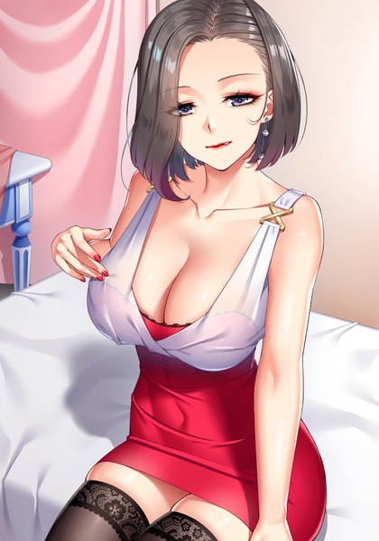 Anime picture 2400x3428 with original yi mian single tall image looking at viewer highres short hair breasts light erotic brown hair large breasts sitting purple eyes bare shoulders cleavage indoors nail polish fingernails light smile lips