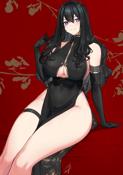 Anime picture 2214x3146 with original classy-black-haired girl (hayabusa) hayabusa single long hair tall image looking at viewer blush fringe highres breasts light erotic hair between eyes large breasts sitting purple eyes traditional clothes head tilt mole arm support