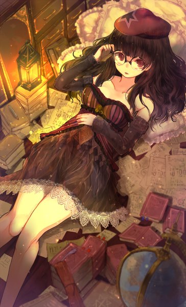Anime picture 1500x2469 with original shiabisu single long hair tall image looking at viewer blush fringe open mouth black hair bare shoulders brown eyes payot bent knee (knees) indoors lying blunt bangs arm up bare legs on back