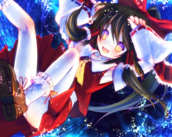 Anime picture 1250x1000 with touhou hakurei reimu kaiho long hair looking at viewer open mouth light erotic smile yellow eyes traditional clothes pleated skirt armpit (armpits) pantyshot soles miko falling girl skirt underwear panties