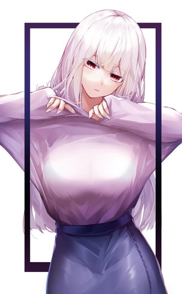 Anime-Bild 2480x4000 mit original leria v single long hair tall image looking at viewer fringe highres simple background red eyes standing white background signed white hair blunt bangs long sleeves nail polish head tilt fingernails arms up
