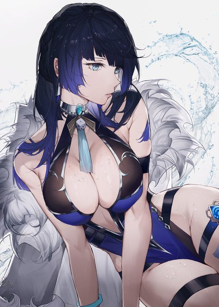 Anime picture 1280x1800 with genshin impact yelan (genshin impact) qiandaiyiyu single long hair tall image fringe breasts light erotic black hair simple background large breasts white background looking away cleavage lying parted lips multicolored hair aqua eyes arm support