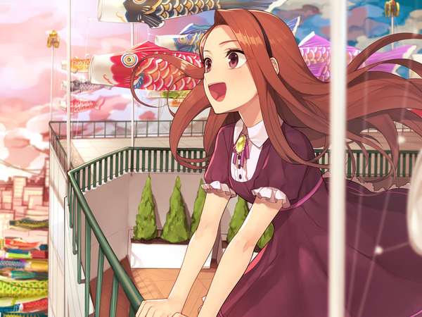 Anime picture 1200x900 with idolmaster minase iori hitoto single long hair open mouth red eyes brown hair looking away girl dress hairband