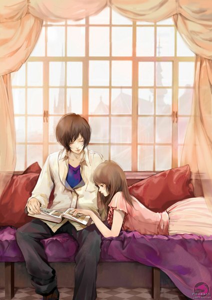 Anime picture 1060x1500 with original jide77 long hair tall image short hair brown hair sitting couple city looking down checkered floor checkered reading girl boy window pillow building (buildings) curtains couch