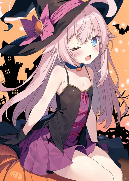 Anime-Bild 1332x1864 mit blue archive hoshino (blue archive) aruka (alka p1) single long hair tall image looking at viewer blush fringe open mouth blue eyes light erotic hair between eyes sitting pink hair ahoge one eye closed flat chest halloween lolicon