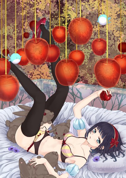 Anime picture 826x1167 with mirakuru rodeo long hair tall image blush fringe short hair open mouth blue eyes light erotic black hair red eyes bare shoulders looking away lying nail polish bare belly puffy sleeves leg lift (legs lift) transparent girl