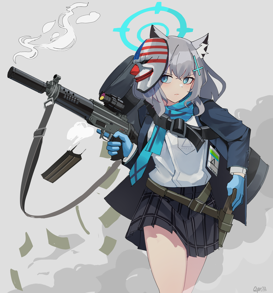 Anime picture 3231x3471 with blue archive payday shiroko (blue archive) tegar32 single long hair tall image fringe highres blue eyes hair between eyes holding signed animal ears looking away absurdres pleated skirt grey hair grey background plaid skirt
