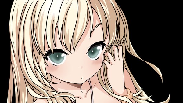 Anime picture 1500x844 with boku wa tomodachi ga sukunai kashiwazaki sena long hair blush blue eyes simple background blonde hair wide image bare shoulders black background close-up face girl