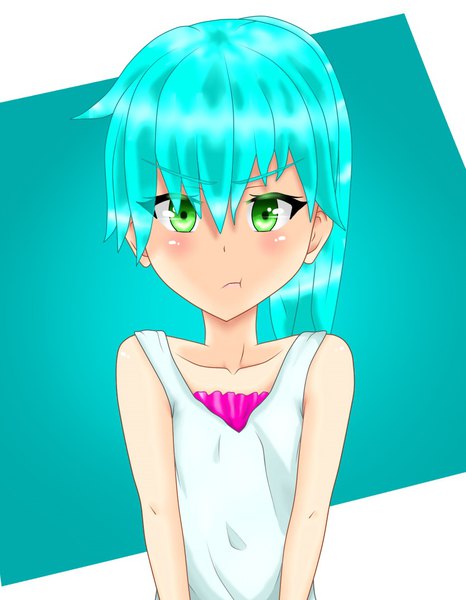 Anime picture 836x1076 with original aagm single long hair tall image looking at viewer blush fringe simple background hair between eyes green eyes upper body aqua hair loli asymmetrical hair :t pout girl tank top