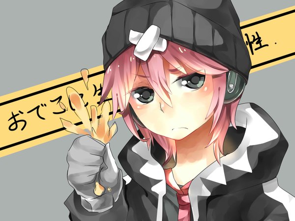 Anime picture 3149x2362 with vocaloid vy2 66 (roro) tagme (artist) single looking at viewer blush highres short hair pink hair absurdres grey eyes dress boy gloves headphones cap