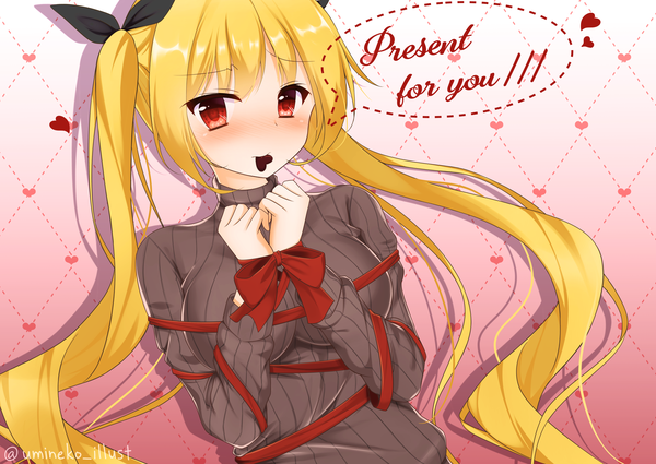 Anime picture 3035x2150 with azur lane nelson (azur lane) umineko illust single long hair looking at viewer blush fringe highres blonde hair red eyes twintails holding absurdres gradient background mouth hold text english bondage valentine