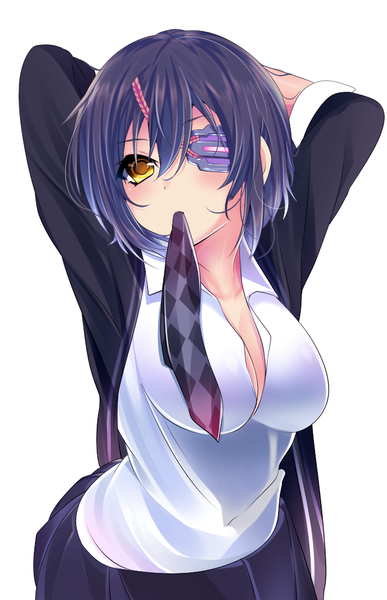 Anime picture 700x1085 with kantai collection tenryuu light cruiser haruta (806060) single tall image blush short hair simple background white background holding yellow eyes cleavage purple hair mouth hold arms behind head girl hair ornament shirt necktie jacket