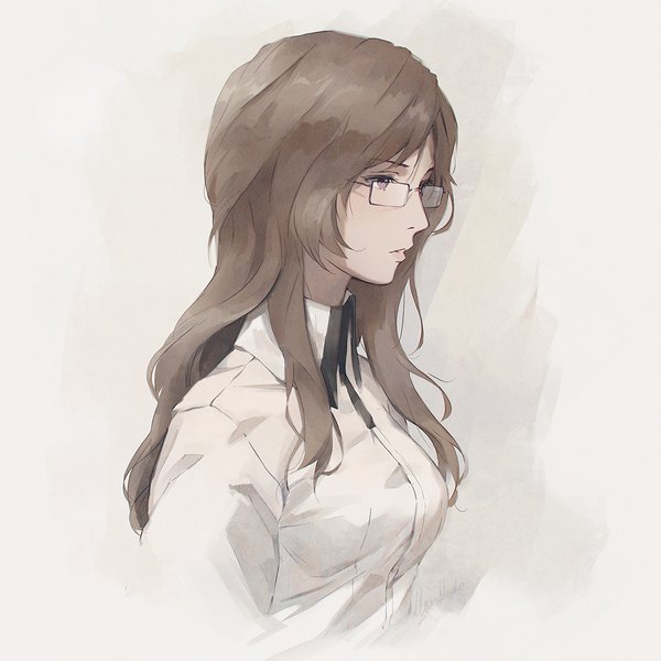 Anime picture 1080x1080 with steins;gate white fox kiryuu moeka miura-n315 single long hair blush fringe breasts simple background hair between eyes brown hair brown eyes signed looking away upper body parted lips profile portrait girl