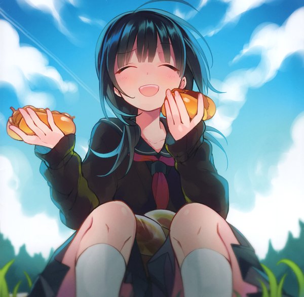 Anime picture 2440x2385 with original hiyo kiki single long hair blush fringe highres open mouth sitting holding sky cloud (clouds) ahoge outdoors eyes closed long sleeves pantyshot ^ ^ ^o^ condensation trail