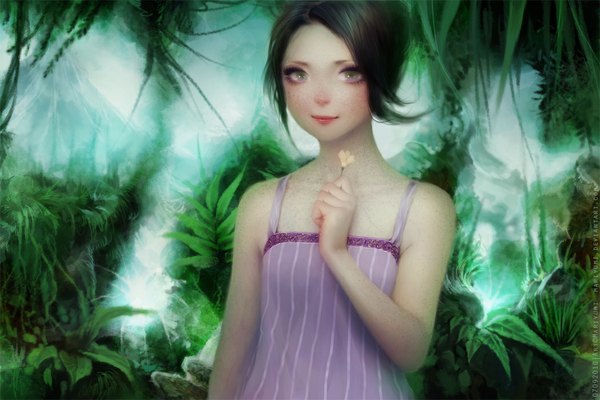 Anime picture 1050x700 with original maria menshikova single looking at viewer short hair black hair silver eyes girl flower (flowers) plant (plants) tree (trees) sundress forest