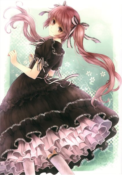 Anime picture 2545x3629 with original hagiwara rin long hair tall image highres smile brown hair twintails brown eyes looking back frilled dress green background girl dress ribbon (ribbons) hair ribbon socks frills black dress white socks