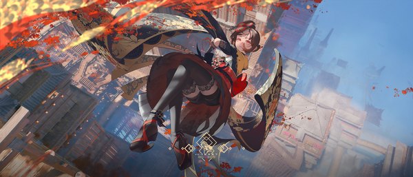 Anime picture 3360x1440 with genshin impact chiori (genshin impact) void 0 (artist) single looking at viewer fringe highres short hair red eyes brown hair wide image signed full body outdoors parted lips from above crossed legs architecture midair east asian architecture