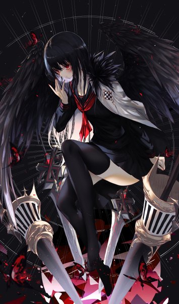 Anime picture 1000x1687 with original neon (pixiv 31150749) single long hair tall image blush fringe black hair simple background hair between eyes red eyes payot looking away full body bent knee (knees) nail polish pleated skirt fingernails no shoes black background
