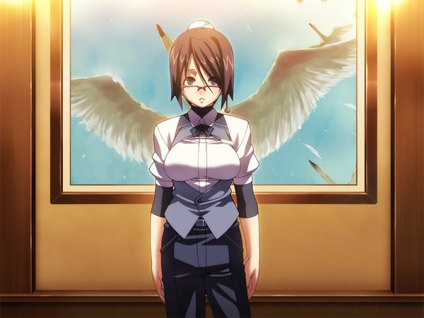 Anime picture 1024x768 with hotel (game) short hair black hair brown eyes game cg girl shirt wings glasses bell