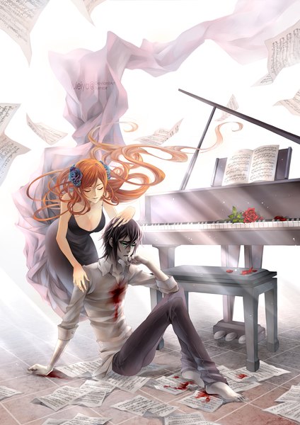 Anime picture 1240x1753 with bleach studio pierrot inoue orihime ulquiorra schiffer luleiya long hair tall image fringe short hair black hair sitting cleavage eyes closed hair flower orange hair alternate costume alternate hairstyle floor twisty sleeves espada