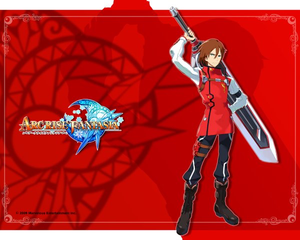 Anime picture 1280x1024 with arc rise fantasia single looking at viewer short hair simple background brown hair green eyes inscription boy weapon sword boots