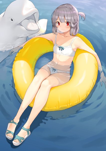 Anime picture 1414x2000 with original lee seok ho single tall image looking at viewer blush fringe short hair light erotic red eyes sitting full body outdoors grey hair bare belly bare legs one side up flat chest girl navel