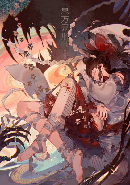 Anime picture 718x1024 with touhou wily beast and weakest creature hakurei reimu kawacy single long hair tall image fringe brown hair bare shoulders holding signed animal ears payot full body bent knee (knees) eyes closed traditional clothes japanese clothes profile