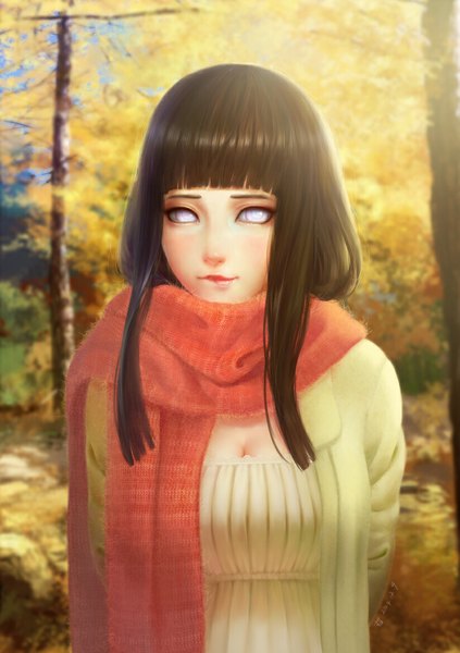 Anime picture 824x1168 with naruto studio pierrot naruto (series) hyuuga hinata pixiv id3043621 single long hair tall image looking at viewer fringe purple eyes purple hair open clothes open jacket lipstick girl plant (plants) tree (trees) jacket scarf