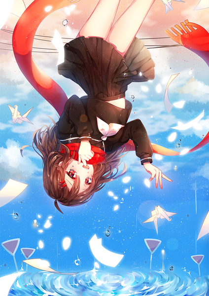 Anime picture 800x1131 with kagerou project shaft (studio) tateyama ayano shina (sbk951121) single long hair tall image looking at viewer blush fringe open mouth hair between eyes red eyes brown hair sky cloud (clouds) outdoors :d pleated skirt tears