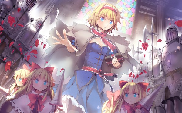 Anime picture 1920x1200 with touhou alice margatroid shanghai culter long hair looking at viewer highres short hair breasts blue eyes blonde hair smile wallpaper outstretched hand girl dress bow weapon hair bow petals