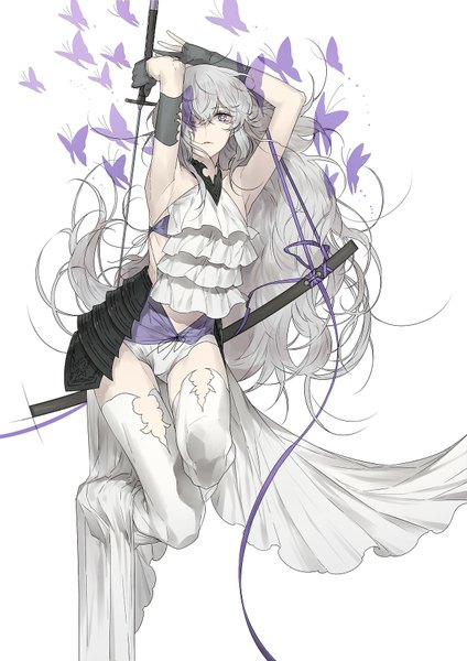 Anime picture 1280x1810 with original tayuya1130 single long hair tall image looking at viewer fringe simple background white background bare shoulders holding silver hair hair over one eye arms up armpit (armpits) grey eyes sleeveless wavy hair girl thighhighs