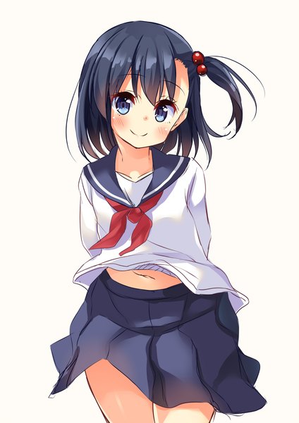 Anime picture 1060x1500 with ooya-san wa shishunki! chie satonaka asa no ha single tall image looking at viewer blush fringe short hair blue eyes black hair simple background smile standing white background one side up hands behind back girl navel uniform