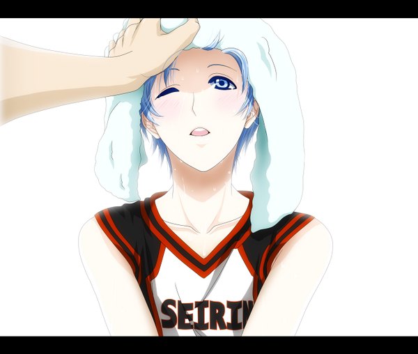 Anime picture 1378x1169 with kuroko no basket production i.g pixiv kuroko tetsuya kawori (pixiv id 1821650) single blush short hair open mouth blue eyes simple background white background blue hair one eye closed wink sweat pale skin boy uniform gym uniform