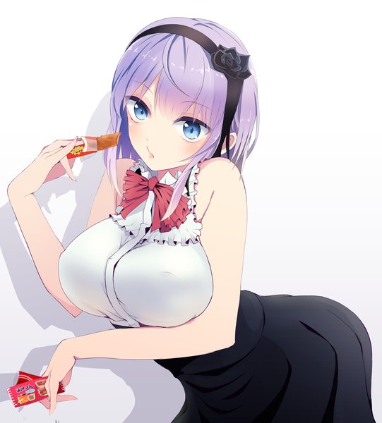 Anime picture 902x1000 with dagashi kashi feel (studio) shidare hotaru tebi (tbd11) single tall image looking at viewer blush fringe short hair breasts open mouth blue eyes light erotic simple background large breasts standing white background bare shoulders holding