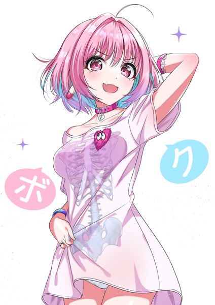 Anime picture 848x1200 with idolmaster idolmaster cinderella girls yumemi riamu sutoroa single tall image looking at viewer blush fringe short hair light erotic simple background hair between eyes white background pink hair ahoge pink eyes multicolored hair two-tone hair fang (fangs)