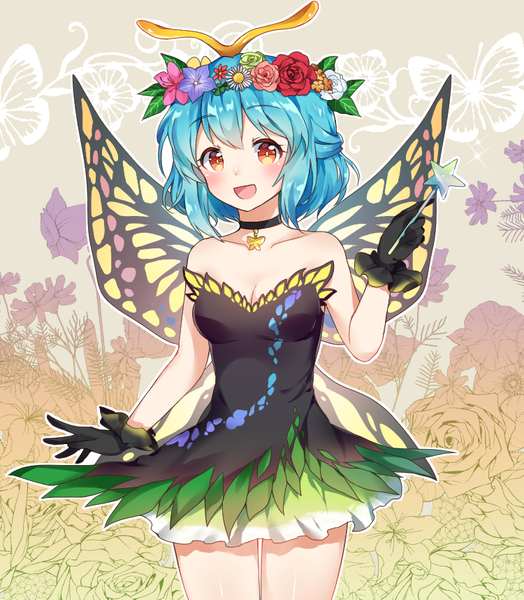Anime picture 750x858 with touhou eternity larva caramell0501 single tall image looking at viewer blush short hair open mouth red eyes bare shoulders blue hair cleavage :d floral background insect wings butterfly wings adapted costume antennae girl