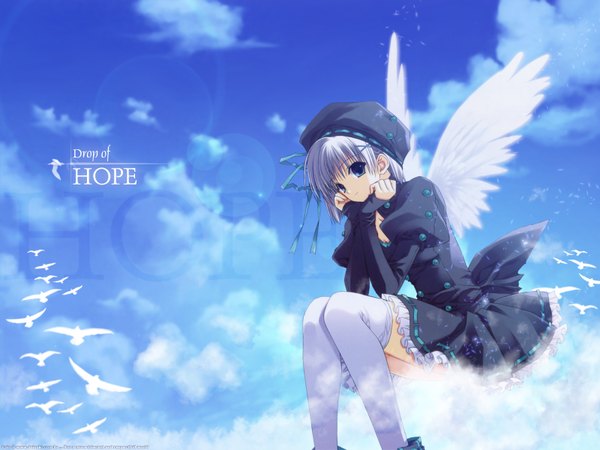 Anime picture 1600x1200 with original suzuhira hiro single looking at viewer short hair blue eyes sitting sky purple hair cloud (clouds) wallpaper angel wings girl thighhighs dress hair ornament hat animal white thighhighs wings