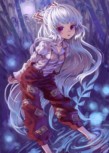 Anime picture 2590x3624 with touhou fujiwara no mokou ama-tou single tall image looking at viewer blush highres red eyes silver hair very long hair bamboo forest girl bow plant (plants) hair bow tree (trees) water forest suspenders