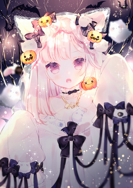 Anime picture 2508x3541 with original kotamun single long hair tall image looking at viewer highres open mouth purple eyes animal ears pink hair upper body long sleeves sparkle halloween ghost cute girl