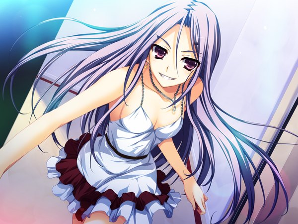 Anime picture 2560x1920 with akatsuki no goei mai (akatsuki no goei) tomose shunsaku single long hair looking at viewer highres smile purple eyes game cg purple hair girl dress pendant