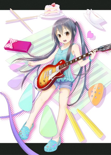 Anime picture 1554x2174 with k-on! kyoto animation nakano azusa gotou hisashi single long hair tall image open mouth black hair twintails brown eyes loli girl guitar
