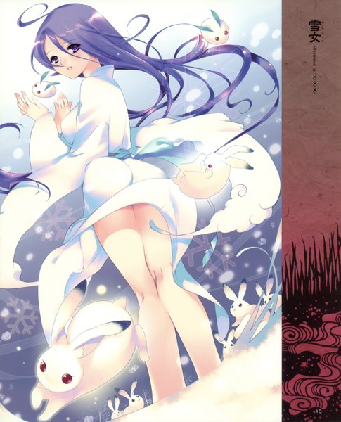 Anime picture 2436x3016 with original 888 single long hair tall image blush highres smile red eyes standing purple eyes sky purple hair ahoge japanese clothes wind scan bare legs snowing winter