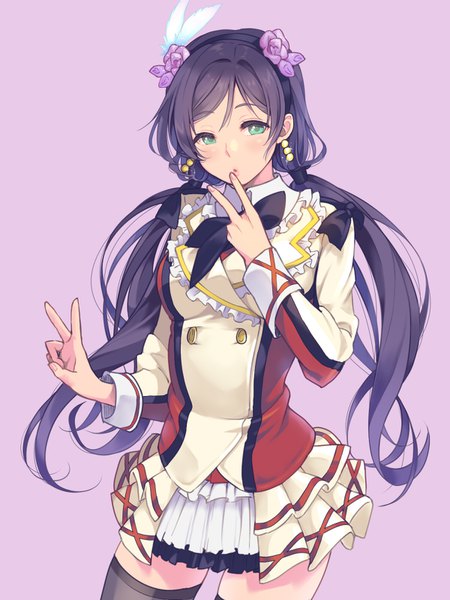 Anime picture 1200x1600 with love live! school idol project sunrise (studio) love live! toujou nozomi kate iwana single long hair tall image simple background twintails green eyes looking away purple hair low twintails finger to mouth victory purple background girl thighhighs hair ornament