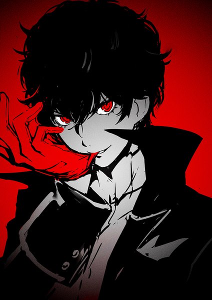 Anime picture 650x919 with persona 5 persona amamiya ren yoshizaki (yszk) single tall image looking at viewer fringe short hair black hair simple background smile hair between eyes red eyes holding upper body head tilt mouth hold red background polychromatic