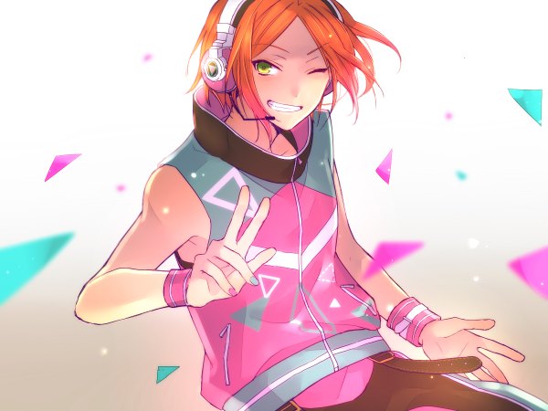 Anime picture 1200x900 with ensemble stars! aoi hinata toki (nezha09) single looking at viewer short hair smile green eyes nail polish one eye closed wink orange hair sleeveless gradient background victory boy headphones vest wristlet debris